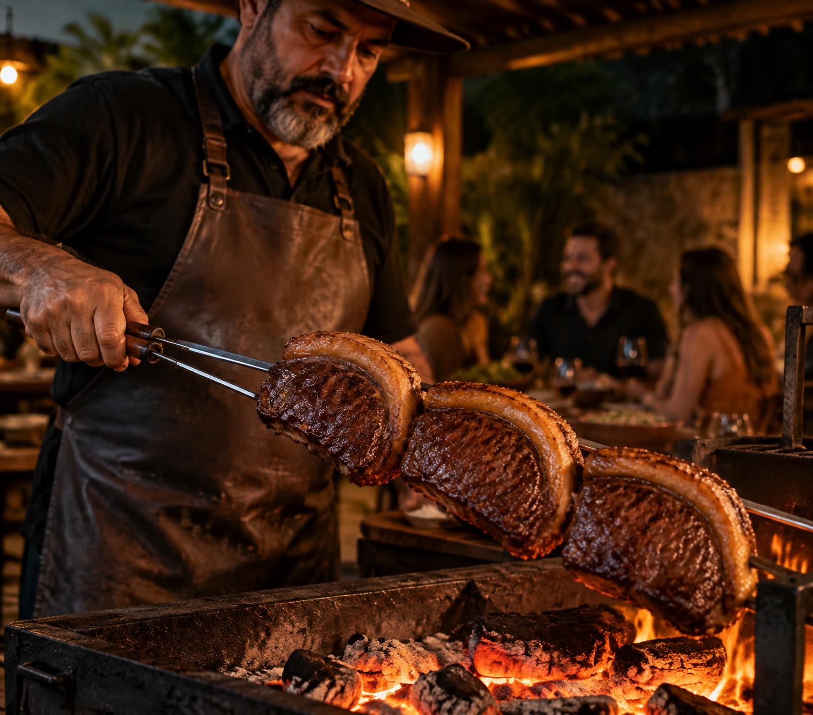Churrasqueiro profissional assando picanha na brasa durante uma festa